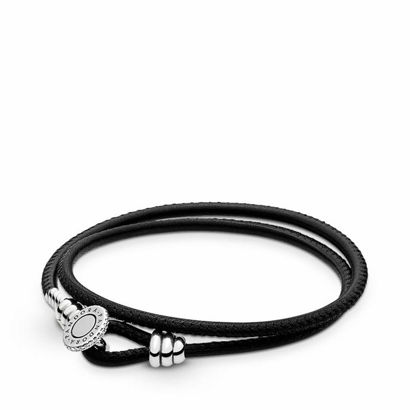 Pandora Black Double Leather Bracelet - Sterling Silver/Leather/Black/Cubic Zirconia - Canada | JA71